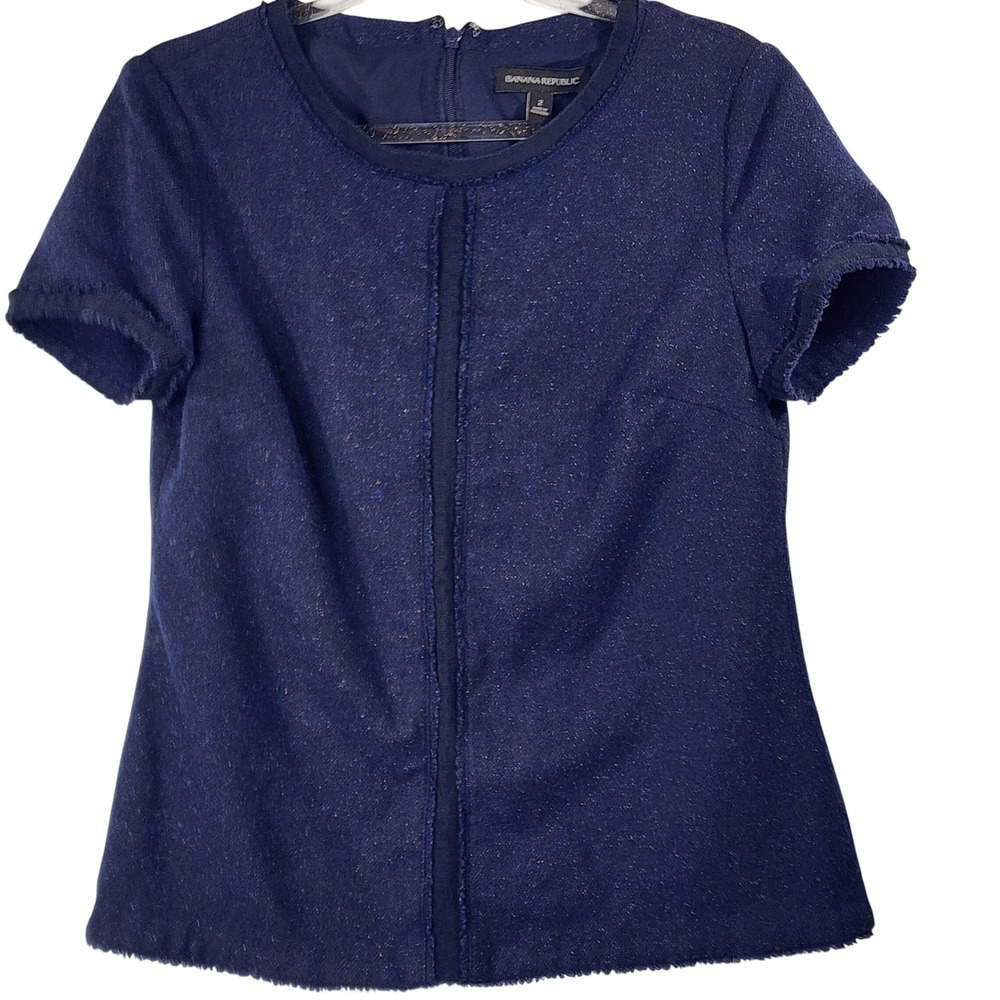 Banana Republic Navy Blue Wool Blend Short Sleeve Fringe Trim‎ Top Size 2 EUC